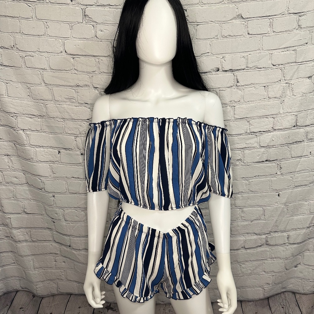 Blue, White & Black Striped Off-The-Shoulder Two-Piece Set